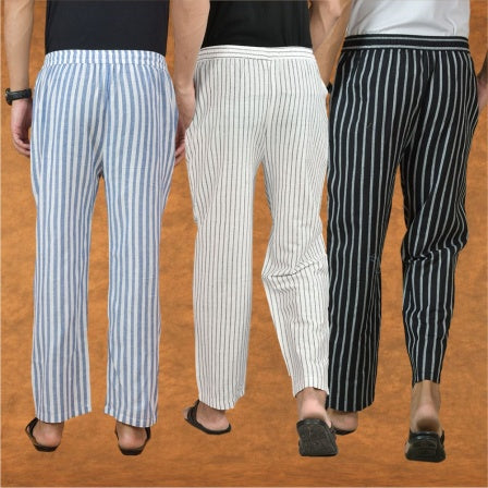 COMBO OF 3 MEN STRIPE COTTON HANDLOOM PANT WHITE BLACK AND BLUE-15244