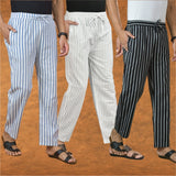 COMBO OF 3 MEN STRIPE COTTON HANDLOOM PANT WHITE BLACK AND BLUE-15244