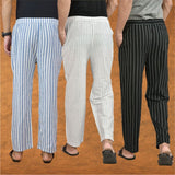 COMBO OF 3 MEN STRIPE COTTON HANDLOOM PANT WHITE BLACK AND BLUE