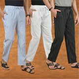 COMBO OF 3 MEN STRIPE COTTON HANDLOOM PANT WHITE BLACK AND BLUE