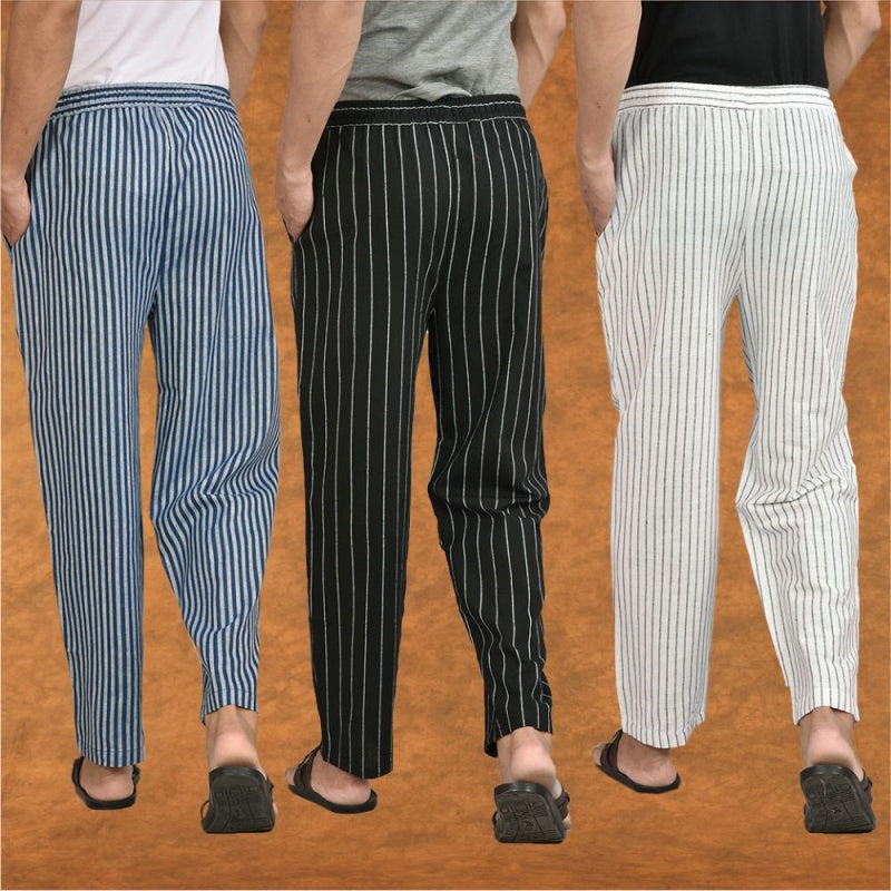 COMBO OF 3 MEN STRIPE COTTON HANDLOOM PANT WHITE BLACK AND BLUE