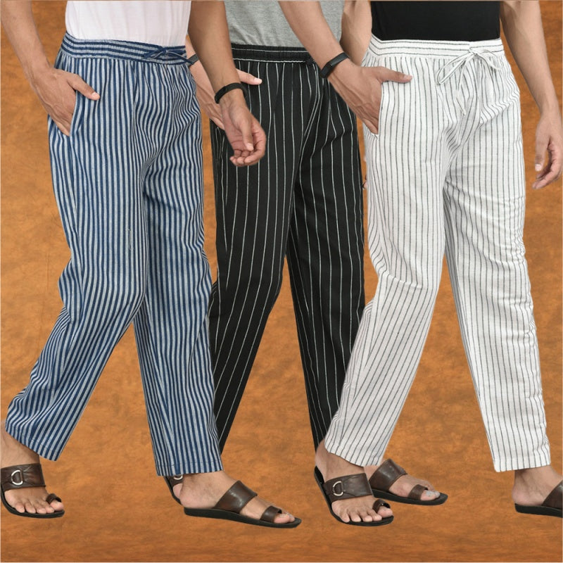 COMBO OF 3 MEN STRIPE COTTON HANDLOOM PANT WHITE BLACK AND BLUE