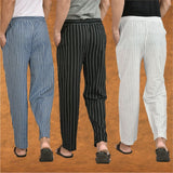 COMBO OF 3 MEN STRIPE COTTON HANDLOOM PANT WHITE BLACK AND BLUE