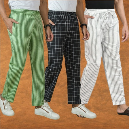 COMBO OF 3 MEN STRIPE COTTON HANDLOOM PANT WHITE BLACK AND OLIVE GREEN
