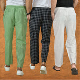 COMBO OF 3 MEN STRIPE COTTON HANDLOOM PANT WHITE BLACK AND OLIVE GREEN