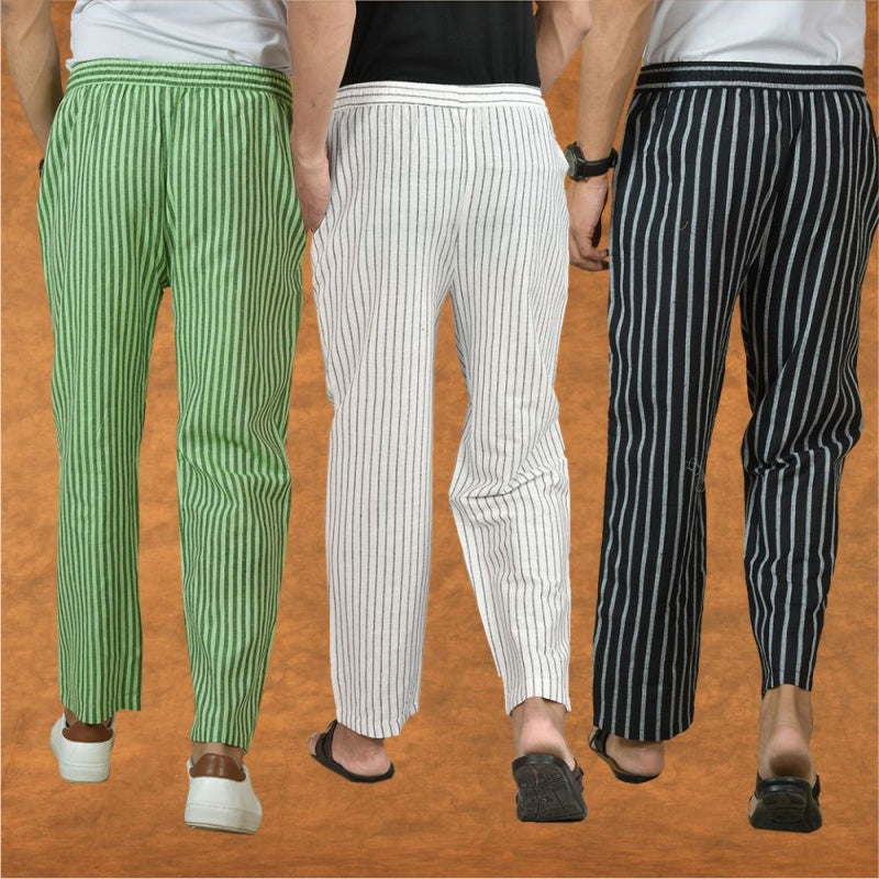 COMBO OF 3 MEN STRIPE COTTON HANDLOOM PANT WHITE BLACK AND OLIVE GREEN