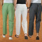 COMBO OF 3 MEN STRIPE COTTON HANDLOOM PANT WHITE BLACK AND OLIVE GREEN