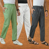 COMBO OF 3 MEN STRIPE COTTON HANDLOOM PANT WHITE BLACK AND OLIVE GREEN