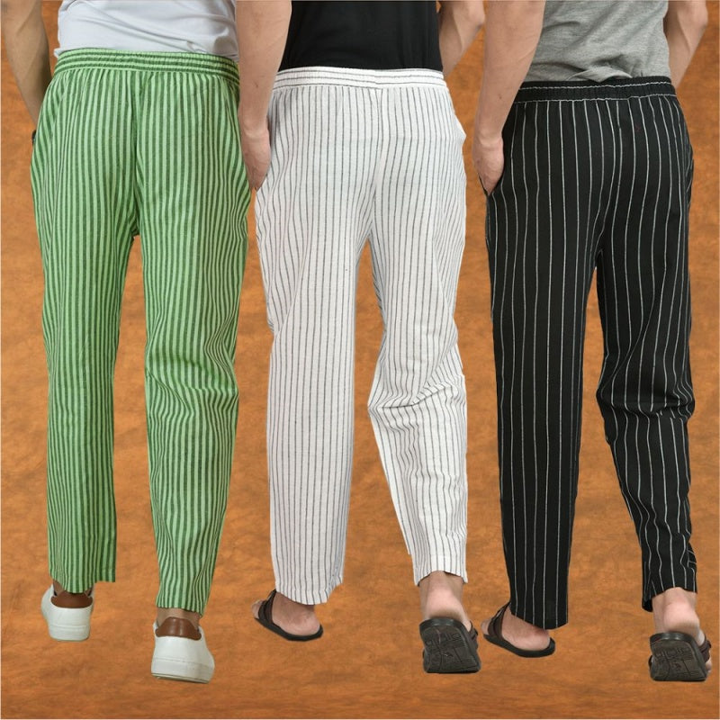 COMBO OF 3 MEN STRIPE COTTON HANDLOOM PANT WHITE BLACK AND OLIVE GREEN