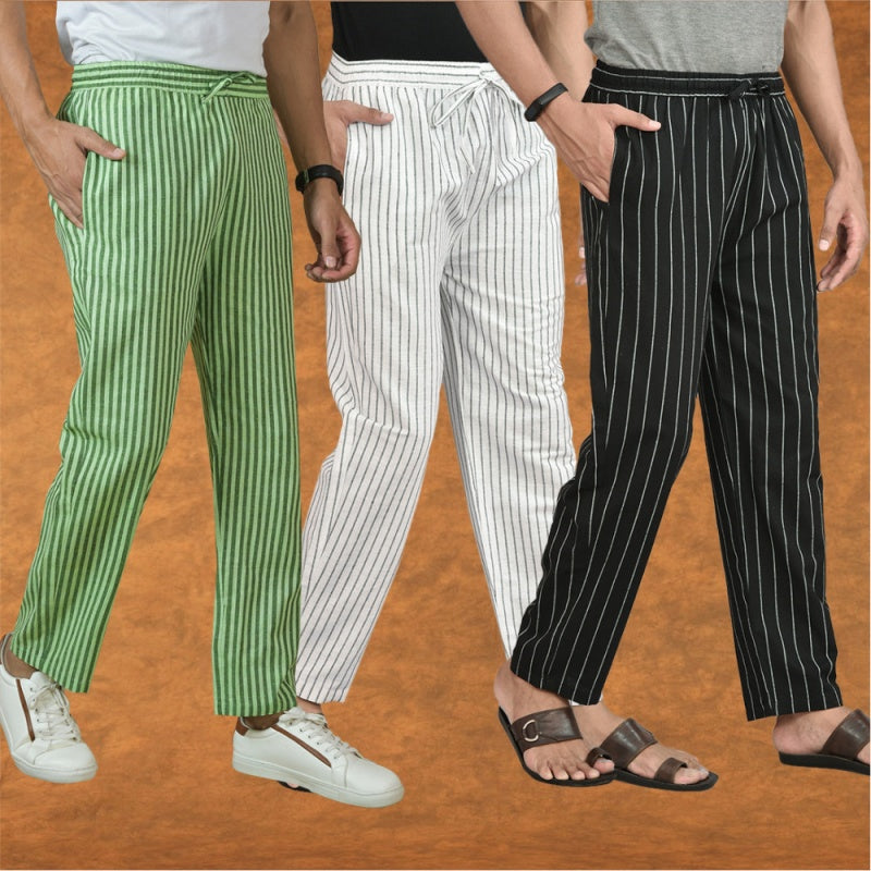 COMBO OF 3 MEN STRIPE COTTON HANDLOOM PANT WHITE BLACK AND OLIVE GREEN