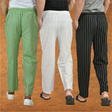 COMBO OF 3 MEN STRIPE COTTON HANDLOOM PANT WHITE BLACK AND OLIVE GREEN