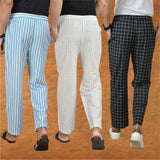 COMBO OF 3 MEN STRIPE COTTON HANDLOOM PANT WHITE BLACK AND SKY BLUE