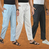COMBO OF 3 MEN STRIPE COTTON HANDLOOM PANT WHITE BLACK AND SKY BLUE