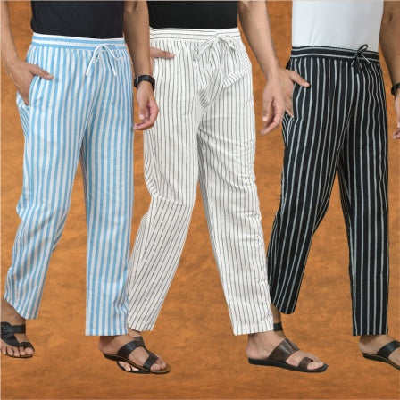COMBO OF 3 MEN STRIPE COTTON HANDLOOM PANT WHITE BLACK AND SKY BLUE