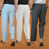 COMBO OF 3 MEN STRIPE COTTON HANDLOOM PANT WHITE BLACK AND SKY BLUE