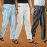 COMBO OF 3 MEN STRIPE COTTON HANDLOOM PANT WHITE BLACK AND SKY BLUE