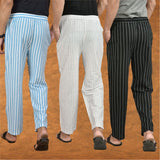 COMBO OF 3 MEN STRIPE COTTON HANDLOOM PANT WHITE BLACK AND SKY BLUE