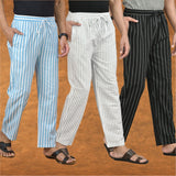 COMBO OF 3 MEN STRIPE COTTON HANDLOOM PANT WHITE BLACK AND SKY BLUE