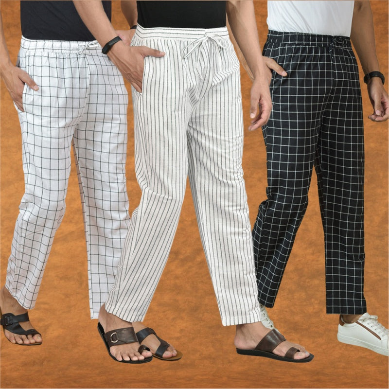 COMBO OF 3 MEN STRIPE COTTON HANDLOOM PANT WHITE BLACK AND WHITE