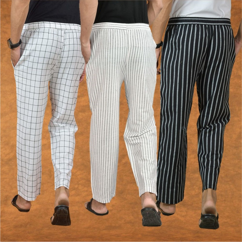 COMBO OF 3 MEN STRIPE COTTON HANDLOOM PANT WHITE BLACK AND WHITE