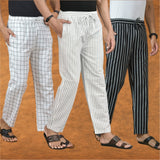 COMBO OF 3 MEN STRIPE COTTON HANDLOOM PANT WHITE BLACK AND WHITE