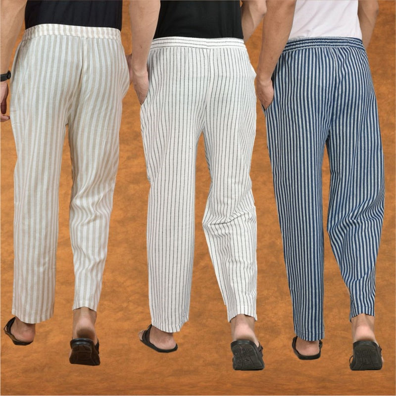 COMBO OF 3 MEN STRIPE COTTON HANDLOOM PANT WHITE BLUE AND BEIGE