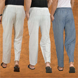 COMBO OF 3 MEN STRIPE COTTON HANDLOOM PANT WHITE BLUE AND BEIGE