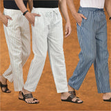 COMBO OF 3 MEN STRIPE COTTON HANDLOOM PANT WHITE BLUE AND BEIGE