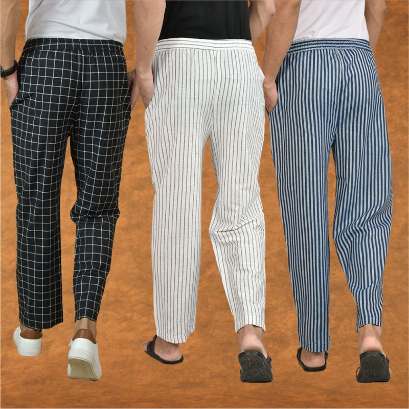 COMBO OF 3 MEN STRIPE COTTON HANDLOOM PANT WHITE BLUE AND BLACK