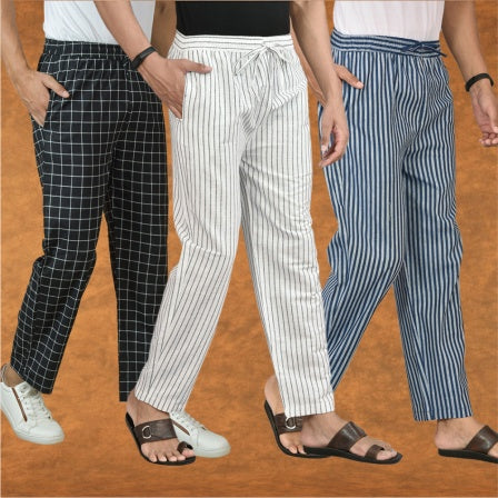 COMBO OF 3 MEN STRIPE COTTON HANDLOOM PANT WHITE BLUE AND BLACK