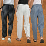 COMBO OF 3 MEN STRIPE COTTON HANDLOOM PANT WHITE BLUE AND BLACK