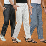 COMBO OF 3 MEN STRIPE COTTON HANDLOOM PANT WHITE BLUE AND BLACK