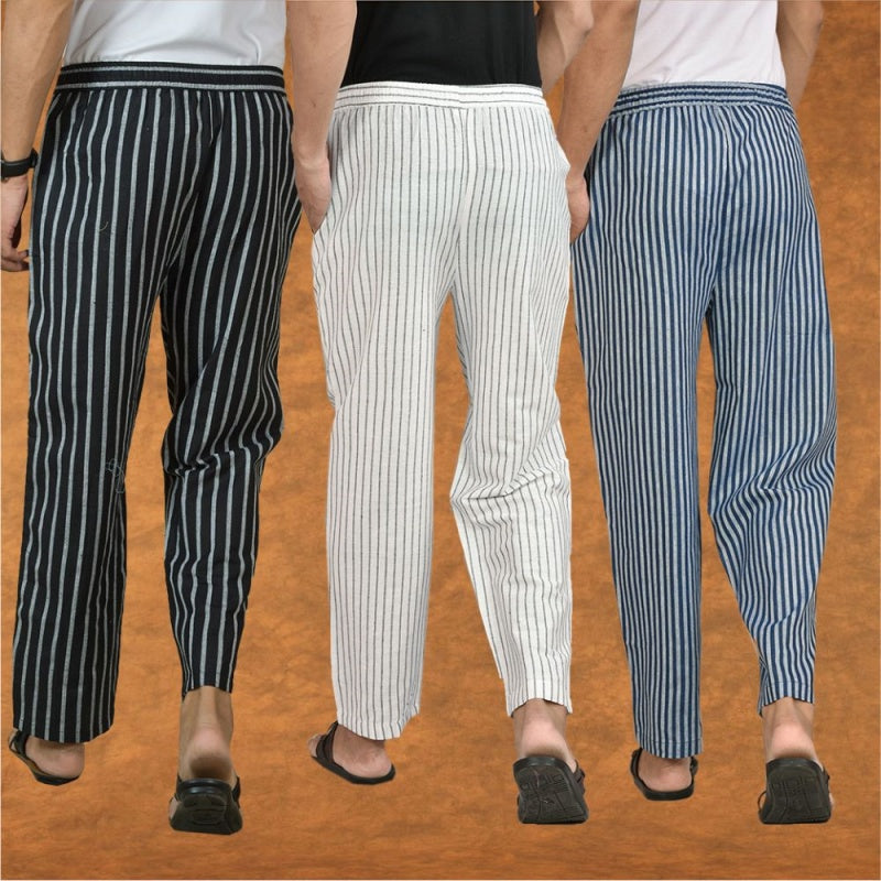 COMBO OF 3 MEN STRIPE COTTON HANDLOOM PANT WHITE BLUE AND BLACK