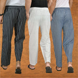 COMBO OF 3 MEN STRIPE COTTON HANDLOOM PANT WHITE BLUE AND BLACK