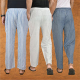 COMBO OF 3 MEN STRIPE COTTON HANDLOOM PANT WHITE BLUE AND BLUE