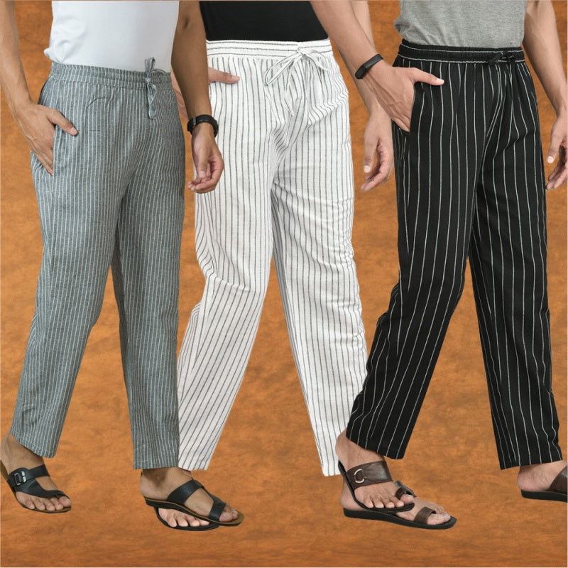 COMBO OF 3 MEN STRIPE COTTON HANDLOOM PANT WHITE BLUE AND GRAY