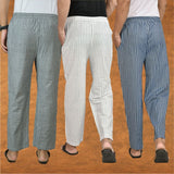 COMBO OF 3 MEN STRIPE COTTON HANDLOOM PANT WHITE BLUE AND GRAY