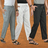 COMBO OF 3 MEN STRIPE COTTON HANDLOOM PANT WHITE BLUE AND GRAY