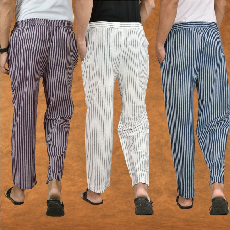 COMBO OF 3 MEN STRIPE COTTON HANDLOOM PANT WHITE BLUE AND PURPLE