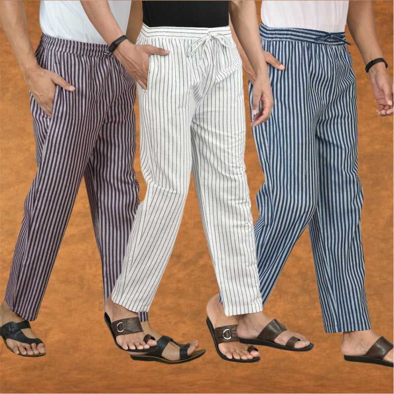 COMBO OF 3 MEN STRIPE COTTON HANDLOOM PANT WHITE BLUE AND PURPLE