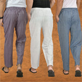 COMBO OF 3 MEN STRIPE COTTON HANDLOOM PANT WHITE BLUE AND PURPLE