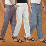 COMBO OF 3 MEN STRIPE COTTON HANDLOOM PANT WHITE BLUE AND PURPLE