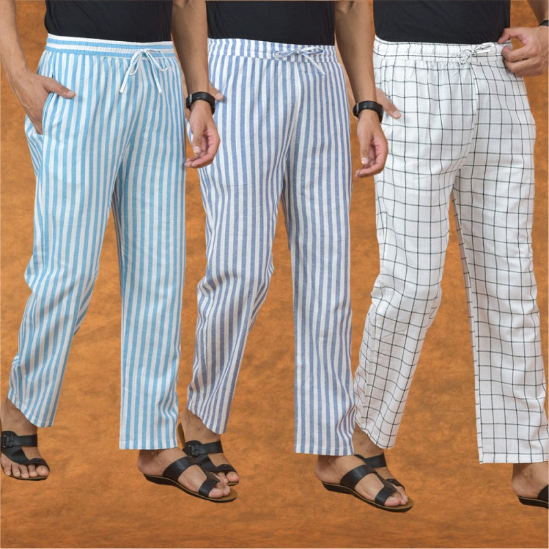 COMBO OF 3 MEN STRIPE COTTON HANDLOOM PANT WHITE BLUE AND SKY BLUE
