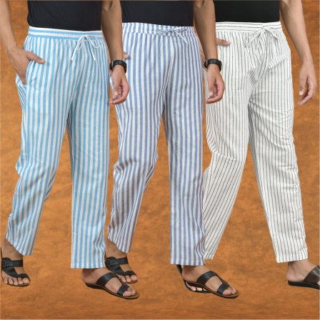 COMBO OF 3 MEN STRIPE COTTON HANDLOOM PANT WHITE BLUE AND SKY BLUE