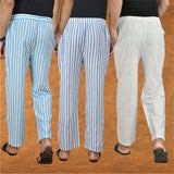 COMBO OF 3 MEN STRIPE COTTON HANDLOOM PANT WHITE BLUE AND SKY BLUE