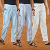COMBO OF 3 MEN STRIPE COTTON HANDLOOM PANT WHITE BLUE AND SKY BLUE