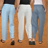 COMBO OF 3 MEN STRIPE COTTON HANDLOOM PANT WHITE BLUE AND SKY BLUE