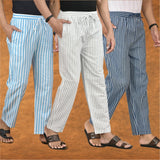 COMBO OF 3 MEN STRIPE COTTON HANDLOOM PANT WHITE BLUE AND SKY BLUE