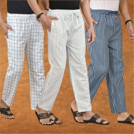 COMBO OF 3 MEN STRIPE COTTON HANDLOOM PANT WHITE BLUE AND WHITE