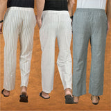 COMBO OF 3 MEN STRIPE COTTON HANDLOOM PANT WHITE GRAY AND BEIGE